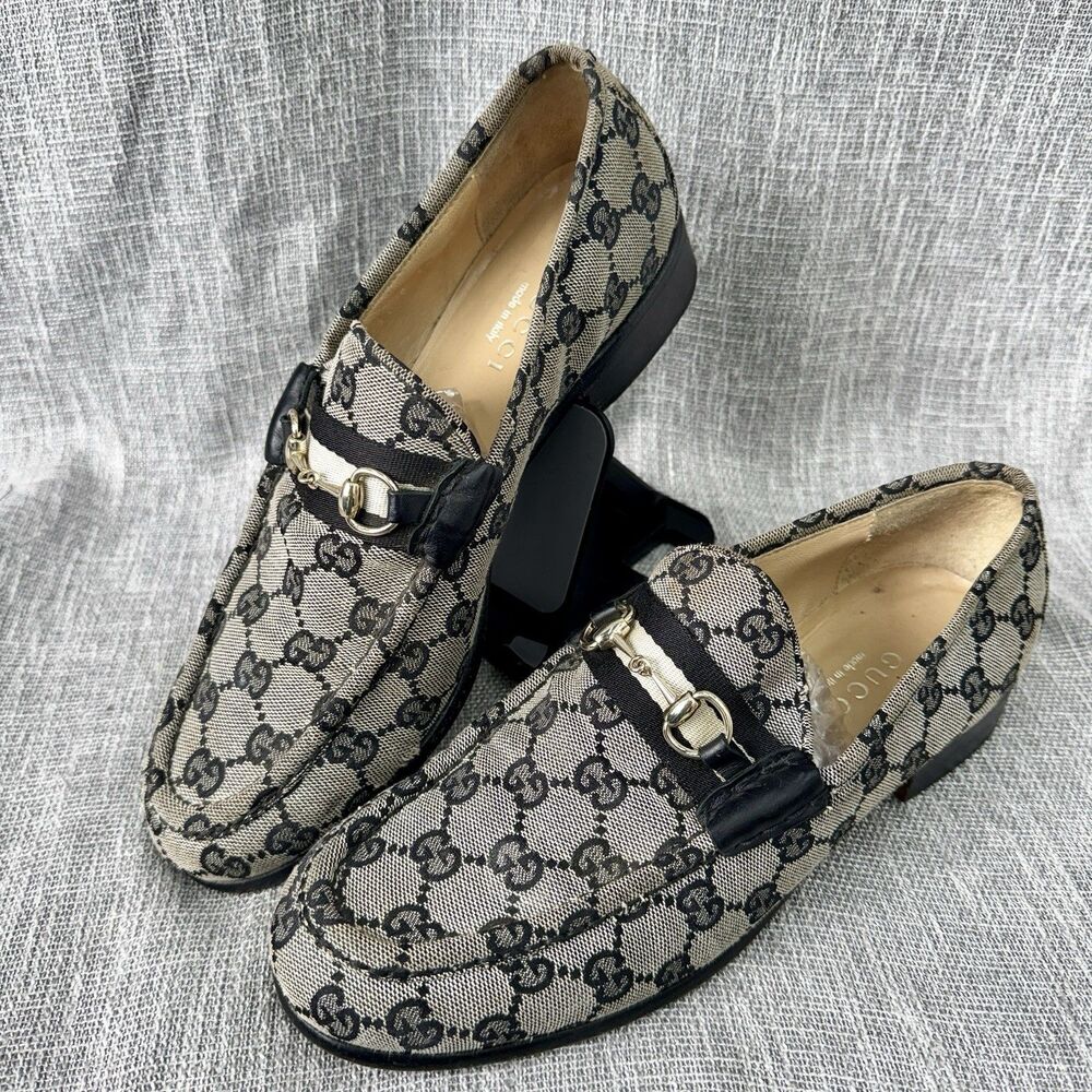 Vintage Gucci GG Monogram Canvas Horsebit Loafer Almond Toe Black Gray 10B